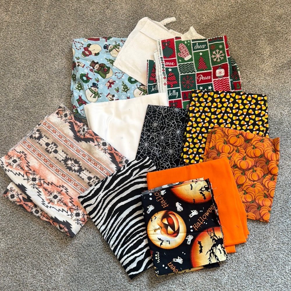 Assorted Fabric Pieces + Feather Trim